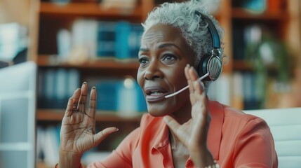 A confident African-American woman is leading an online workshop from her office, seated at her desk with a laptop and headset, using her hands to illustrate complex concepts to her audience.
