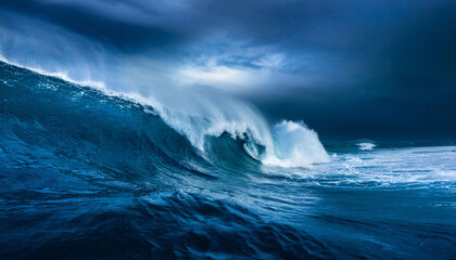 Fototapeta premium Massive high tsunami wave, turbulent, in the middle of stormy ocean, dramatic natural disaster, power of nature, storm, ocean force