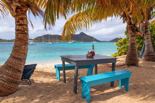 Caribbean, Grenada, Sandy Island. Picnic table and hammock on beach.