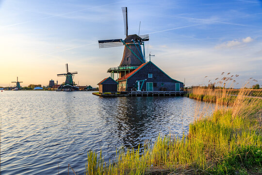 Netherlands, Holland. Typical windmills from the Zaandam area.