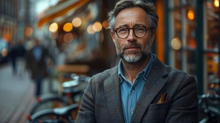 Obraz premium portrait of mature businessman standing by bicycle commuting from office on bike going home handsome man with glasses in suit