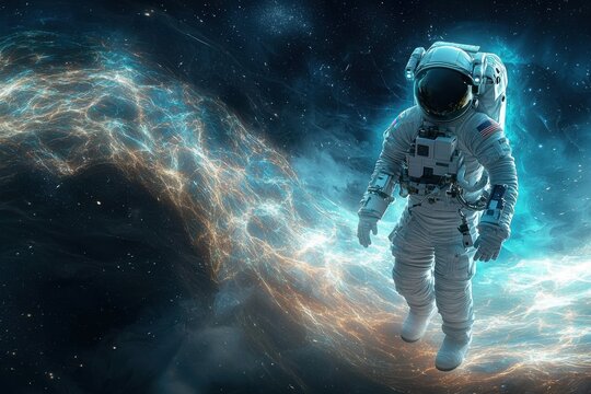 Astronaut in the Cosmic Expanse: A lone astronaut stands amidst the swirling celestial tapestry, bathed in the ethereal glow of a distant nebula, embodying the spirit of human exploration and the boun
