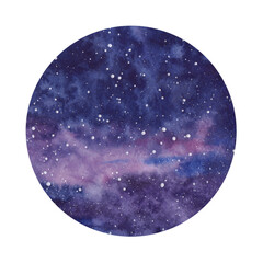 Abstract painted watercolor planet.  Illustration, background of the night starry sky, nebulae, galaxies.  Decorative round multicolored element with blur for design, decoration, celebration.