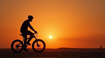 Obraz premium Silhouette of a cyclist against a stunning sunset, ideal for travel, adventure themes, or wellness projects with copy space.
