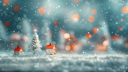 Fototapeta premium Snow-Covered Porcelain Houses with Bokeh Lights