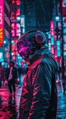 Obraz premium In a neon-lit cityscape, a human gamer dons a futuristic helmet, navigating the electric atmosphere filled with rain