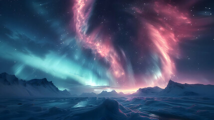 Naklejka premium Snowy Mountains Under A Vibrant Aurora Borealis - Landscape Photography