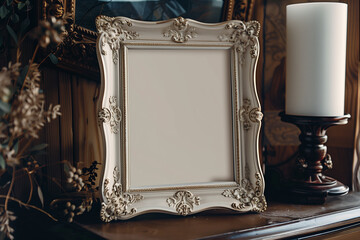 A antique blank photo frame mockup displaying and natural elements, 3d render 