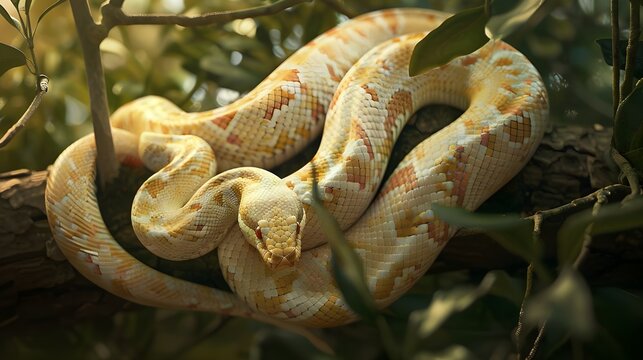 A very long and dangerous python snake  on the branch of the tree in the forest