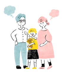 犬を飼う事が心配な両親と嬉しそうな子供　二世代家族