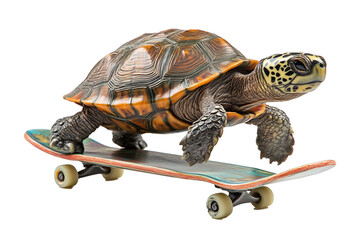 A playful and humorous illustration of a turtle riding a skateboard