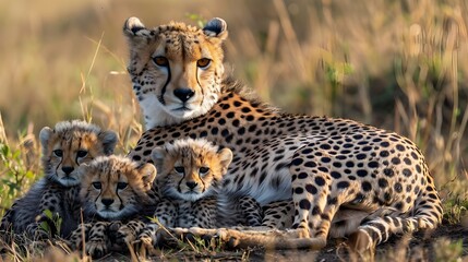 Naklejka premium cheetah and cubs lying on the ground at morning 