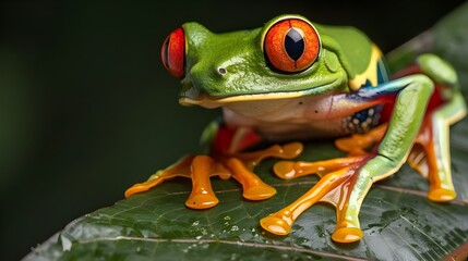  Close up shot of a green frog on a leaf 