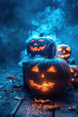 Obraz premium Halloween pumpkins with lots of copy space on a blurry background