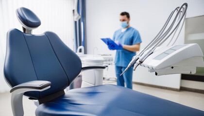 Obraz premium dental chair on dental room with dentist on background
