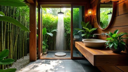 Fototapeta premium An exotic tropical outdoor bathroom surrounded by lush greenery and bamboo.