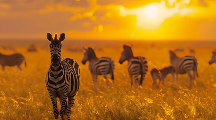 Obraz premium Zebras in the dry grass of a forest at sunset