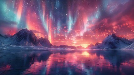 Obraz premium Aurora Borealis Over Snowy Mountains and Calm Water - Digital Illustration