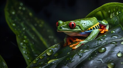Obraz premium Close up shot of a green frog on a leaf
