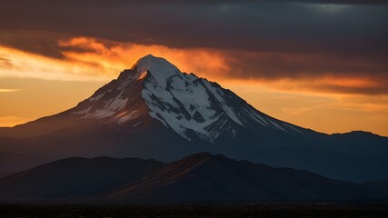 A breathtaking view of a mountain at sunset, its silhouette outlined against a fiery orange sky, the last rays of sunlight casting a warm glow over its rugged surface.