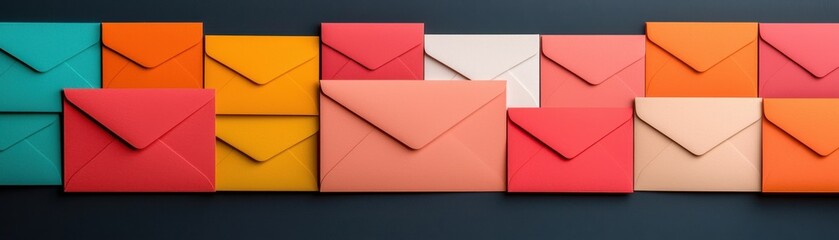 A vibrant collection of colorful envelopes arranged neatly, perfect for stationery, correspondence, or artistic projects.