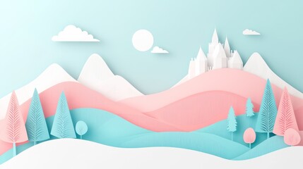 Enchanting Paper-Cut Castle on Hill with Pastel Landscape for Travel and Adventure Concepts, Generative Ai