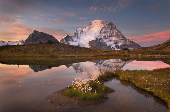 Canada, British Columbia. Sunrise over Mount Robson, highest mountain in the Canadian Rockies, elevation 3,954&nbsp;m (12,972&nbsp;ft), seen from Mumm Basin, Mount Robson Provincial Park.