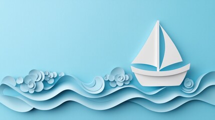 Tranquil Paper Sailboat Floating on Blank Ocean - Nautical Travel Concept with Copy Space for Text, Seafaring Adventure on Calm Seas, Generative Ai