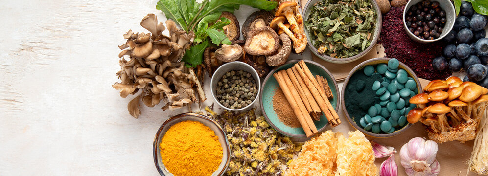 Adaptogen healthy food. Herb and spice collection on light background