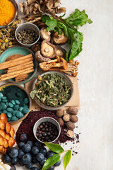 Adaptogen healthy food. Herb and spice collection on light background