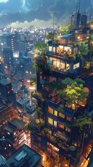 Obraz premium A rooftop hotel thrives in a lively city, featuring lush plants and bright windows as nightfall casts a colorful glow
