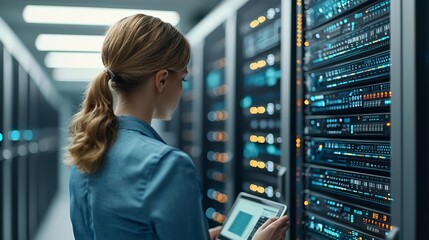 Professional woman analyzing cloud data in a high-tech server room, emphasizing the role of women in tech and data management