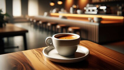 Fototapeta premium a Lungo served in a sleek, white ceramic cup with a matching saucer. The Lungo should feature a larger volume of espresso compared to a standard shot