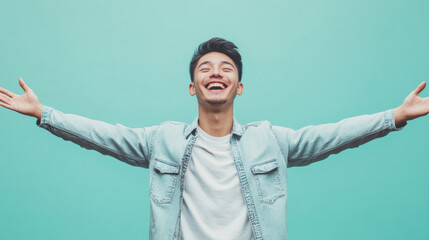 Young Asian man with open arms isolated on blue background , studio shot of an handsome Asian American guy with happy smiling face welcome with open arms on teal color backdrop