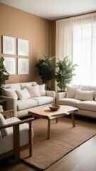 A cozy living room with neutral tones, plants, and modern furniture.