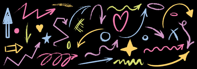 Hand drawn scribble crayon arrow set. Squiggle doodle arrow and star set. Crayon texture shape naive. Vector illustration