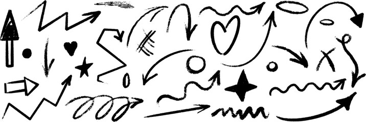 Hand drawn scribble crayon arrow set. Squiggle doodle arrow and star set. Crayon texture shape naive. Vector illustration