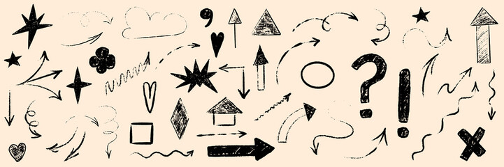 Hand drawn scribble crayon set. Squiggle doodle arrow, question and star set. Crayon texture shape naive. Vector illustration