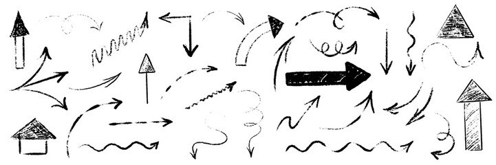 Hand drawn scribble crayon set. Squiggle doodle arrow star set. Crayon texture shape naive. Vector illustration