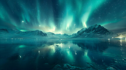 Naklejka premium Aurora Borealis Reflection in Still Water - Landscape Photo