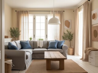 A cozy living room with a sectional sofa, wooden coffee table, and natural decor.