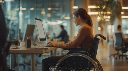 woman sitting in a wheelchair at her workplace