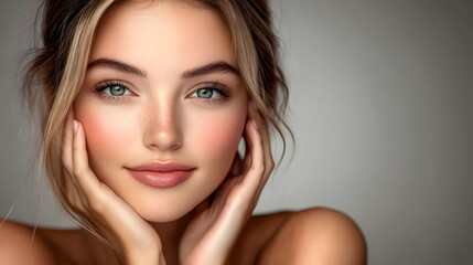 Naklejka premium A beautiful young woman with long blonde hair and flawless skin, looking at the camera with a soft smile.