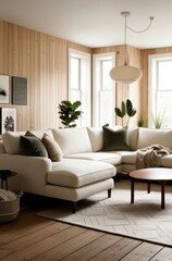 A cozy living room featuring a white sectional sofa and natural decor.