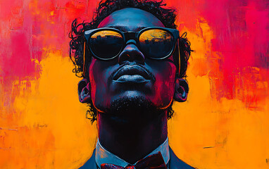 Bright Pop Art of Man with Sunglasses and Bow Tie on Colorful Background