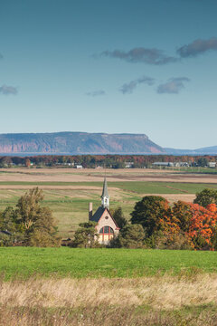 Canada, Nova Scotia, Annapolis Valley. Grand-Pre National Historic Site, site of the deportation of Canada's early French-Acadians by the English. Elevated view towards Cape Blomidon.