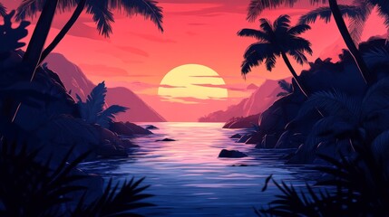 Fototapeta premium Silhouette of palm trees against a vibrant sunset over a tropical river