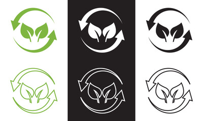 Green, black and white leaf and arrow icons for biodegradable recyclable organic bio package, vector labels. Biodegradable eco safe, recyclable and bio degradable package stamps. Vector illustration. 
