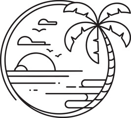 Beach Waves On Tropical Islands, Line Art Style silhouette vector art illustration