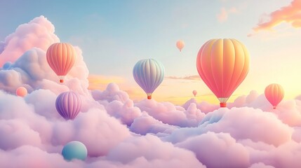 Colorful hot air balloons flying above clouds. Abstract concept of freedom, travel, and adventure.